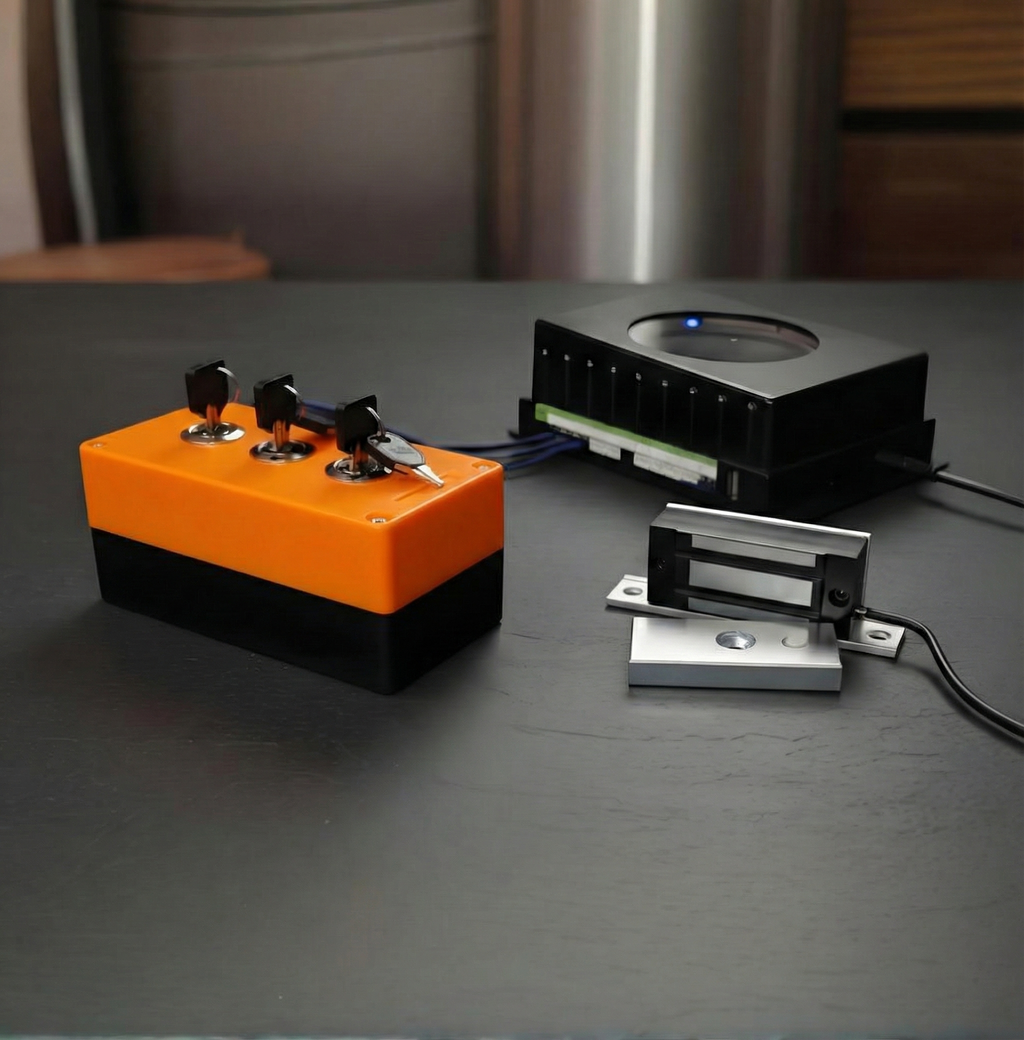 Escape Room Magnetic Lock Puzzle – Triple Key Simultaneous Turn Prop （DM101）