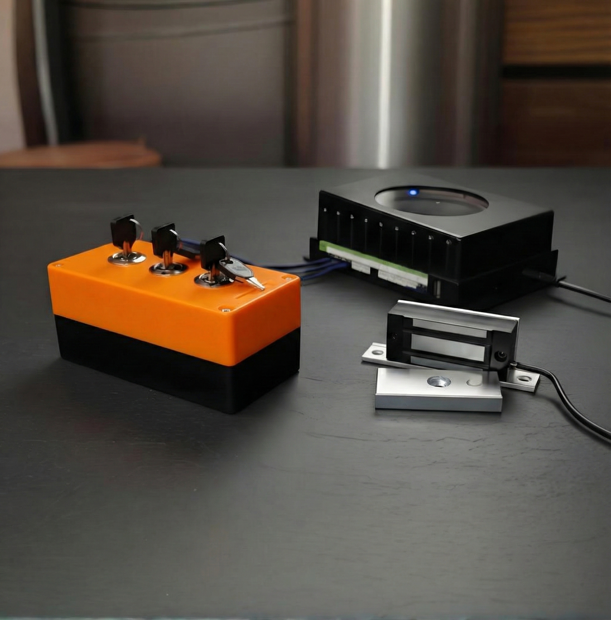 Escape Room Magnetic Lock Puzzle – Triple Key Simultaneous Turn Prop （DM101）